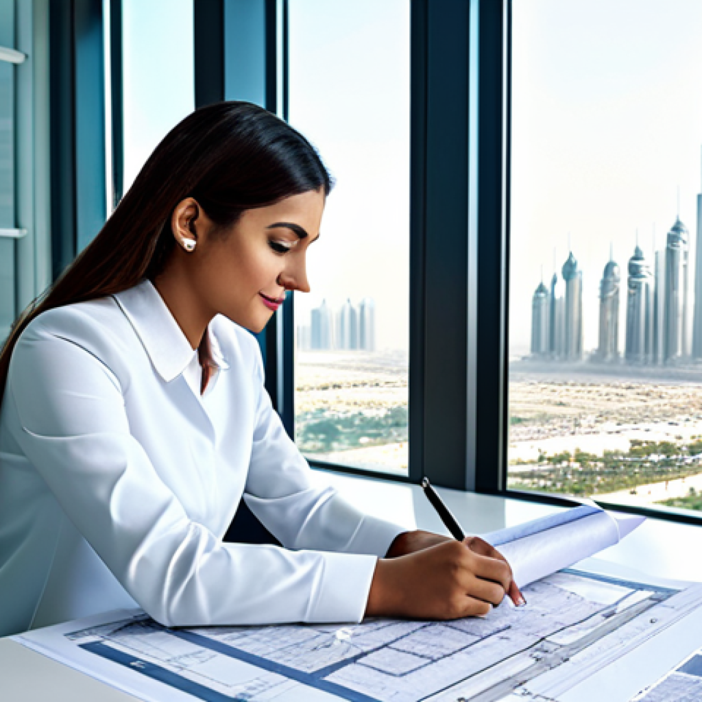 **

"A professional architect, fully clothed in modest business attire, reviewing blueprints in a bright, modern office in Dubai. Large windows showcase the city skyline.  Safe for work, appropriate content, perfect anatomy, natural pose, well-formed hands, professional, high quality."

**