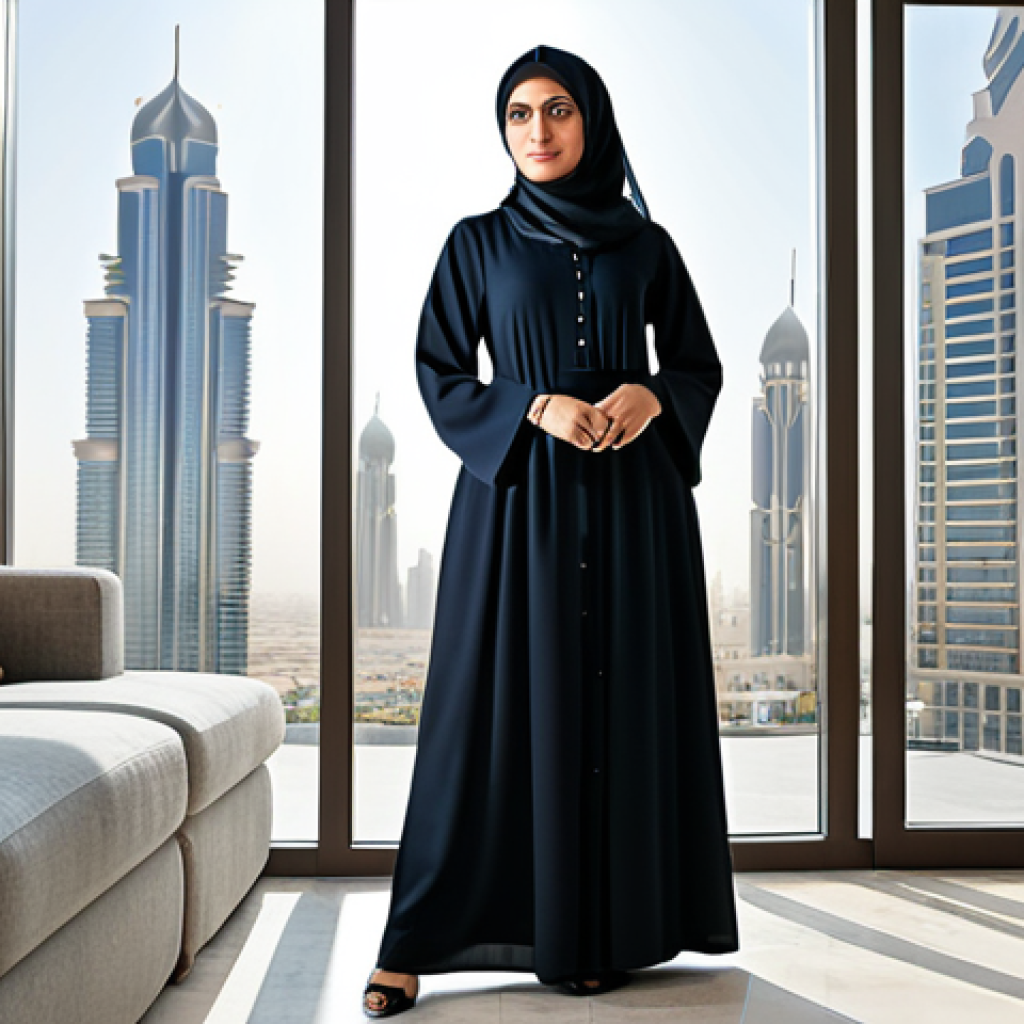 지속 가능한 홈 리노베이션을 위한 실천 사례 - "A professional Arab woman, fully clothed in a modest and stylish abaya, standing in a modern, sunli...
