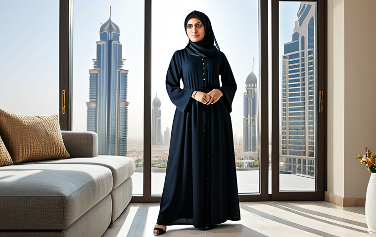지속 가능한 홈 리노베이션을 위한 실천 사례 - "A professional Arab woman, fully clothed in a modest and stylish abaya, standing in a modern, sunli...