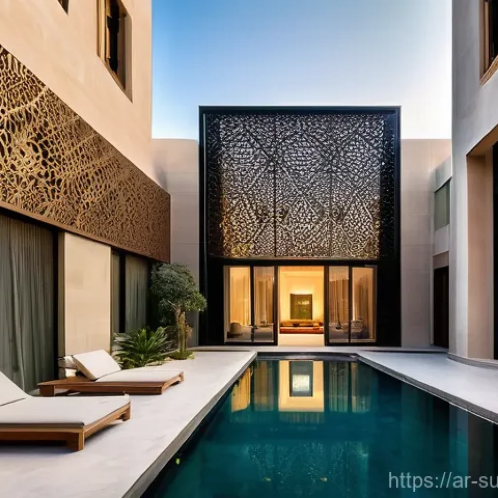 전통적인 건축 기법과 현대적 접근의 조화 - "A contemporary architectural masterpiece standing proudly in a vibrant Arab city. The facade elegan...