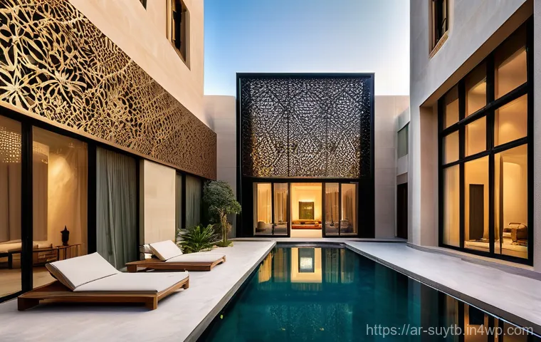 전통적인 건축 기법과 현대적 접근의 조화 - "A contemporary architectural masterpiece standing proudly in a vibrant Arab city. The facade elegan...