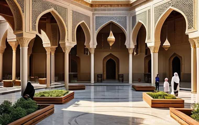 전통적인 건축 기법과 현대적 접근의 조화 - "An innovative, eco-conscious commercial building in a bustling Arab urban landscape. Its design dra...