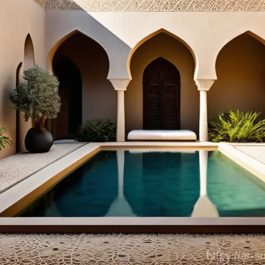 지속 가능한 홈 리노베이션의 과거와 현재 - **Prompt:** A serene and culturally rich interior courtyard of a modern Arabic home, designed with s...
