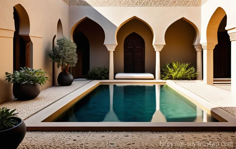 지속 가능한 홈 리노베이션의 과거와 현재 - **Prompt:** A serene and culturally rich interior courtyard of a modern Arabic home, designed with s...