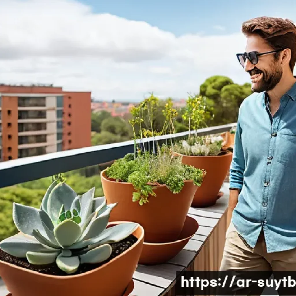 지속 가능한 리노베이션의 효과적인 홍보 방법 - **Prompt 1: Joyful Sustainable Balcony Oasis**
A bright and inspiring close-up of an adult (male...