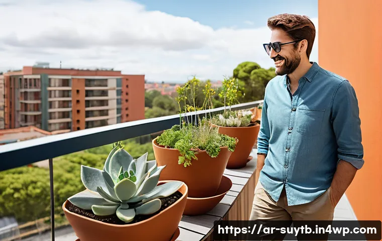 지속 가능한 리노베이션의 효과적인 홍보 방법 - **Prompt 1: Joyful Sustainable Balcony Oasis**
A bright and inspiring close-up of an adult (male...