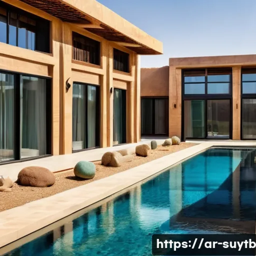 친환경 주택을 위한 아이디어 및 솔루션 - A modern eco-friendly home exterior in a Middle Eastern setting during daytime, showcasing large, st...