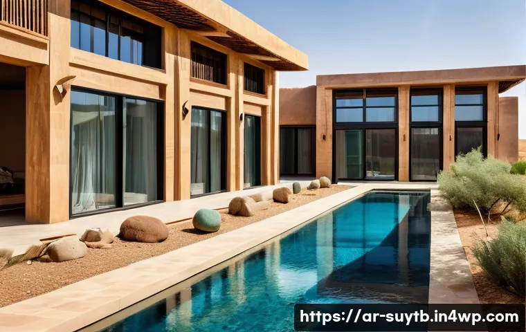 친환경 주택을 위한 아이디어 및 솔루션 - A modern eco-friendly home exterior in a Middle Eastern setting during daytime, showcasing large, st...