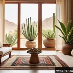 자연재료 사용의 이점과 사례 - A serene interior scene of a modern Arabic home featuring natural materials: wooden furniture crafte...
