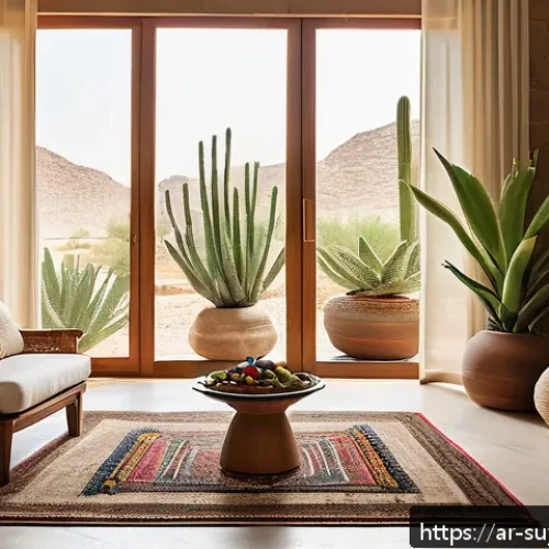 자연재료 사용의 이점과 사례 - A serene interior scene of a modern Arabic home featuring natural materials: wooden furniture crafte...