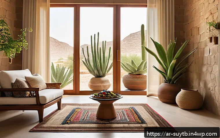 자연재료 사용의 이점과 사례 - A serene interior scene of a modern Arabic home featuring natural materials: wooden furniture crafte...
