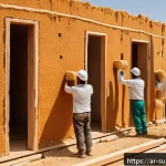 환경 친화적인 방수 및 단열재 선택 - A modern eco-friendly building construction site in a Middle Eastern urban setting, showcasing natur...