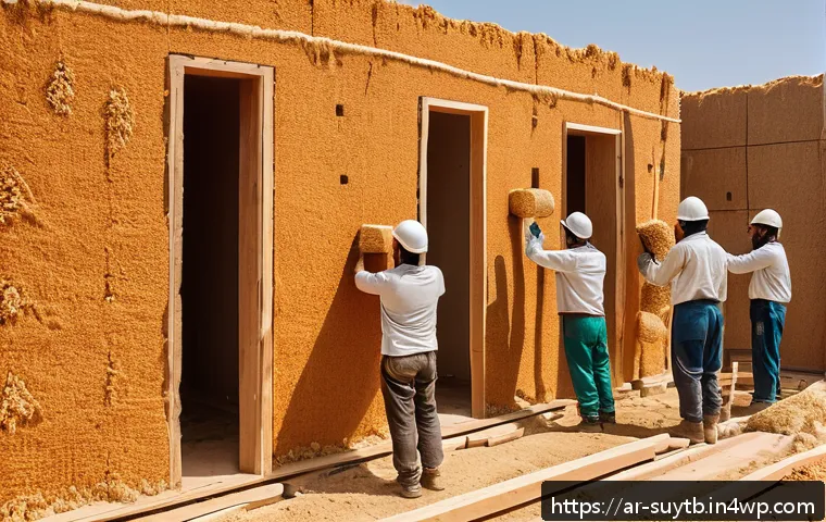 환경 친화적인 방수 및 단열재 선택 - A modern eco-friendly building construction site in a Middle Eastern urban setting, showcasing natur...