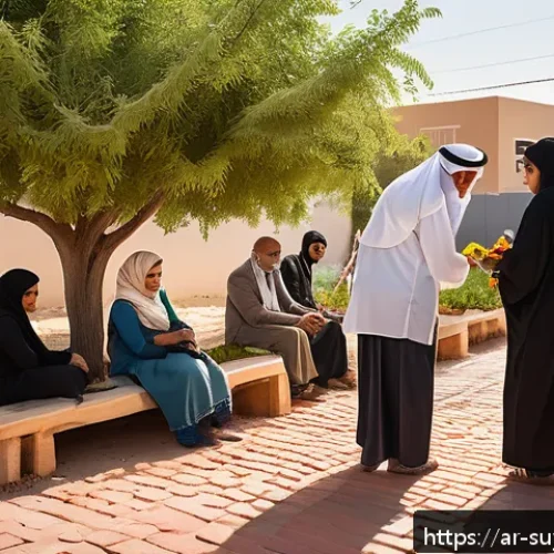 지역 사회와 연계한 지속 가능한 리노베이션 접근법 - A vibrant community scene in a Middle Eastern urban neighborhood showing a diverse group of Arabic-s...
