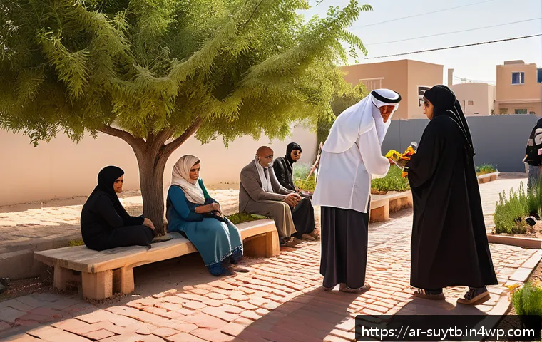 지역 사회와 연계한 지속 가능한 리노베이션 접근법 - A vibrant community scene in a Middle Eastern urban neighborhood showing a diverse group of Arabic-s...