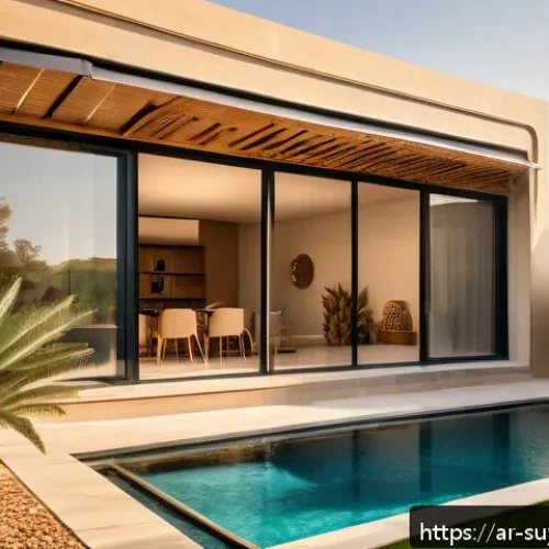 지속 가능한 주택 디자인 아이디어 - A modern smart home exterior in an Arabic neighborhood, featuring large triple-glazed windows with s...