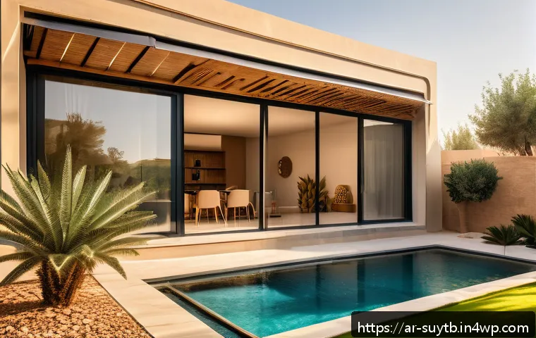 지속 가능한 주택 디자인 아이디어 - A modern smart home exterior in an Arabic neighborhood, featuring large triple-glazed windows with s...